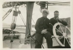 Image of Donald MacMillan and Jack Crowell at wheel of the Thebaud